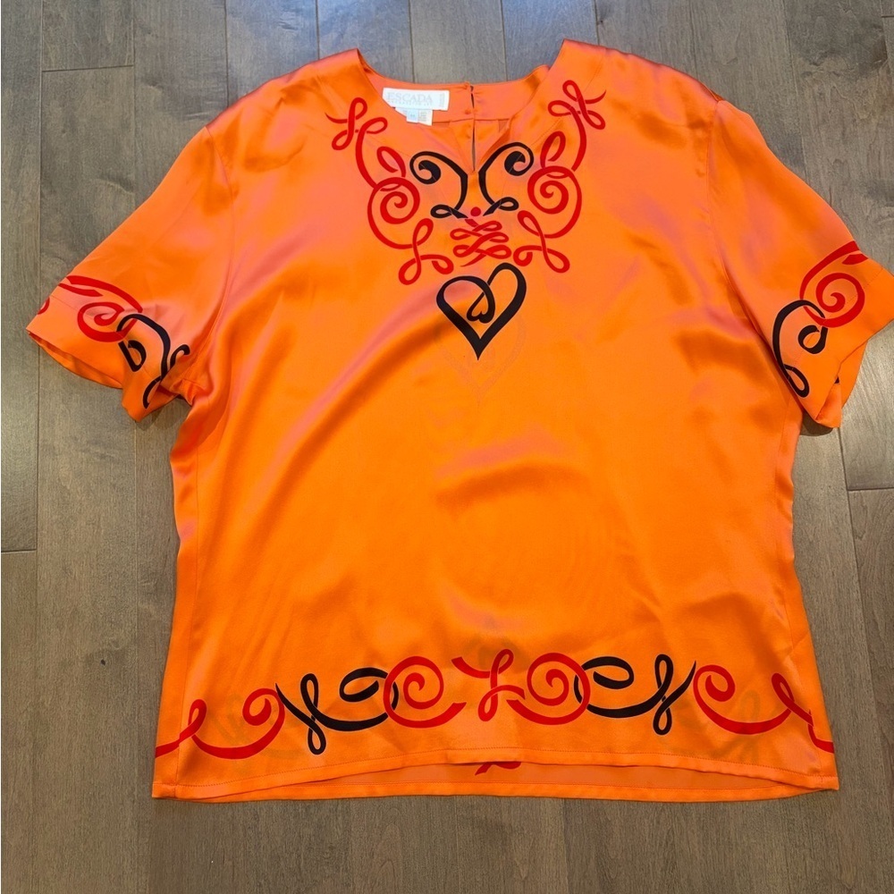 Vintage Escada Orange Silk Blouse with Black Embroidery size 44